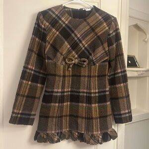 Acne Plaid Empire-Waist Mini Dress in Brown, Black and Olive